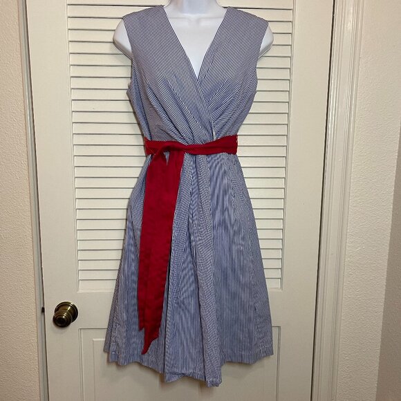 Chetta B Dresses & Skirts - Chetta B Nautical Pinstripe Fit & Flare Dress Red Sash Size 6